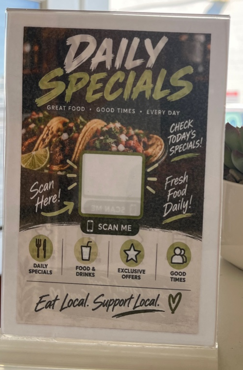 Daily specials card on a counter