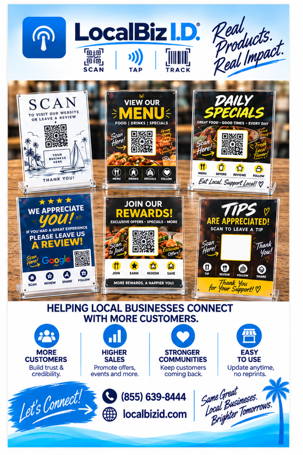LocalBiz I.D.: Real products, real impact. Menu, specials, reviews, rewards & tips displays.